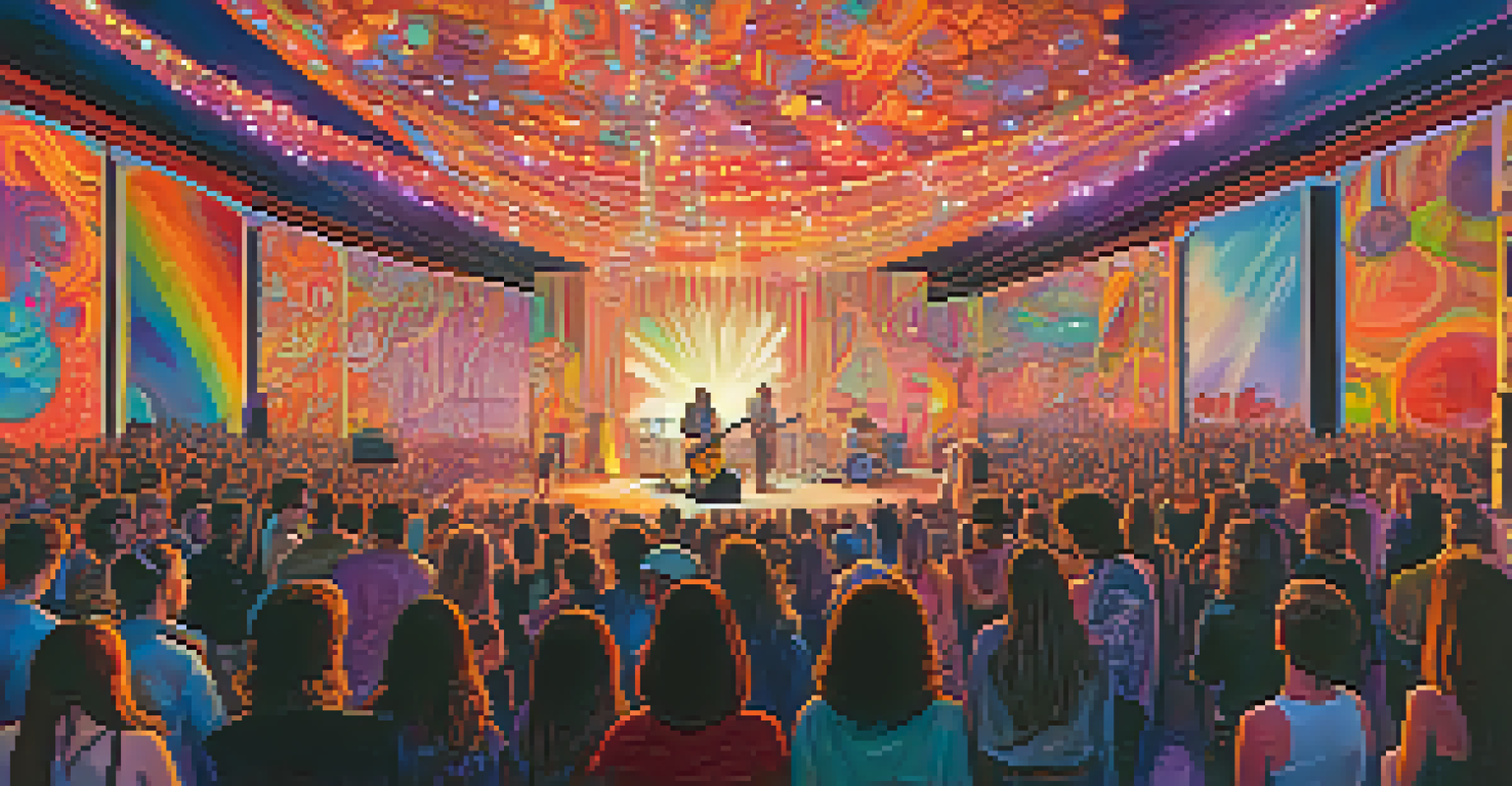 A psychedelic rock band performing on stage with colorful art installations and an engaged audience in a vibrant festival atmosphere.