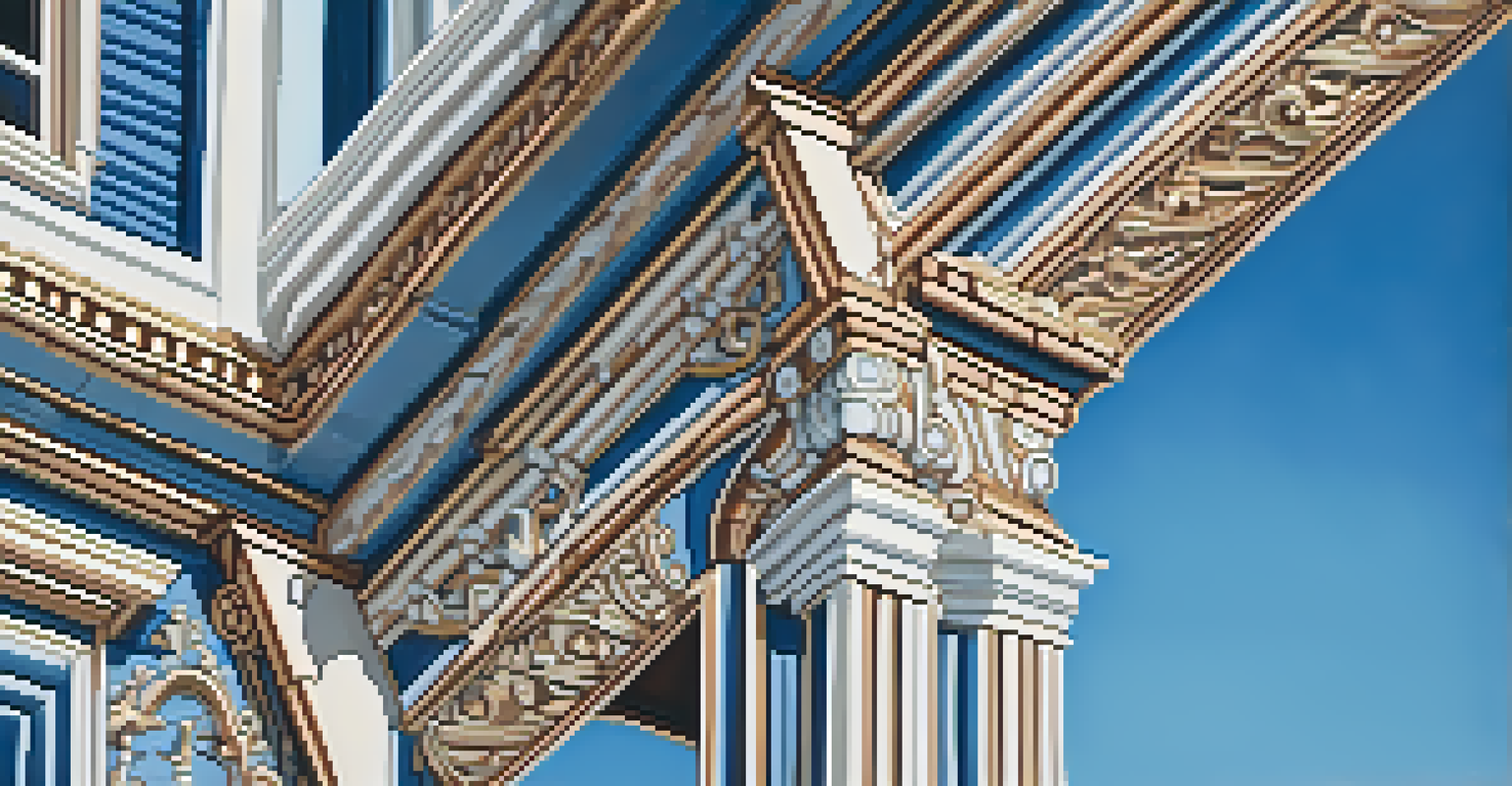 Close-up of a decorative Victorian architectural detail, highlighting the intricate woodwork and patterns against a clear blue sky.