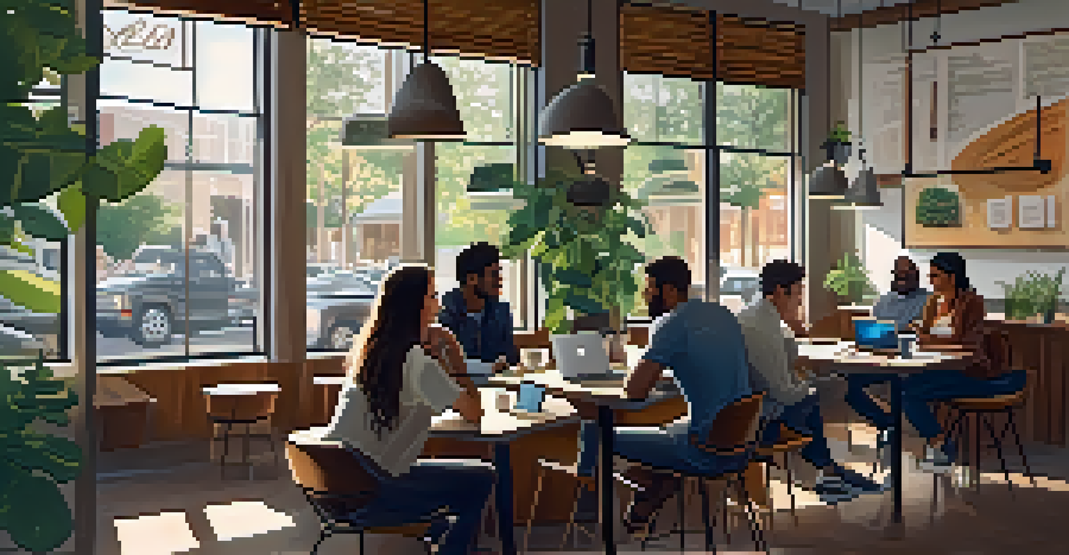 A cozy coffee shop scene in Austin with diverse entrepreneurs working together at a table filled with laptops and notes.