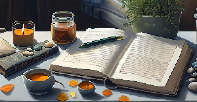 A close-up of a hand writing in a journal, with a cup of herbal tea, a candle, and stones for mindfulness in the background.