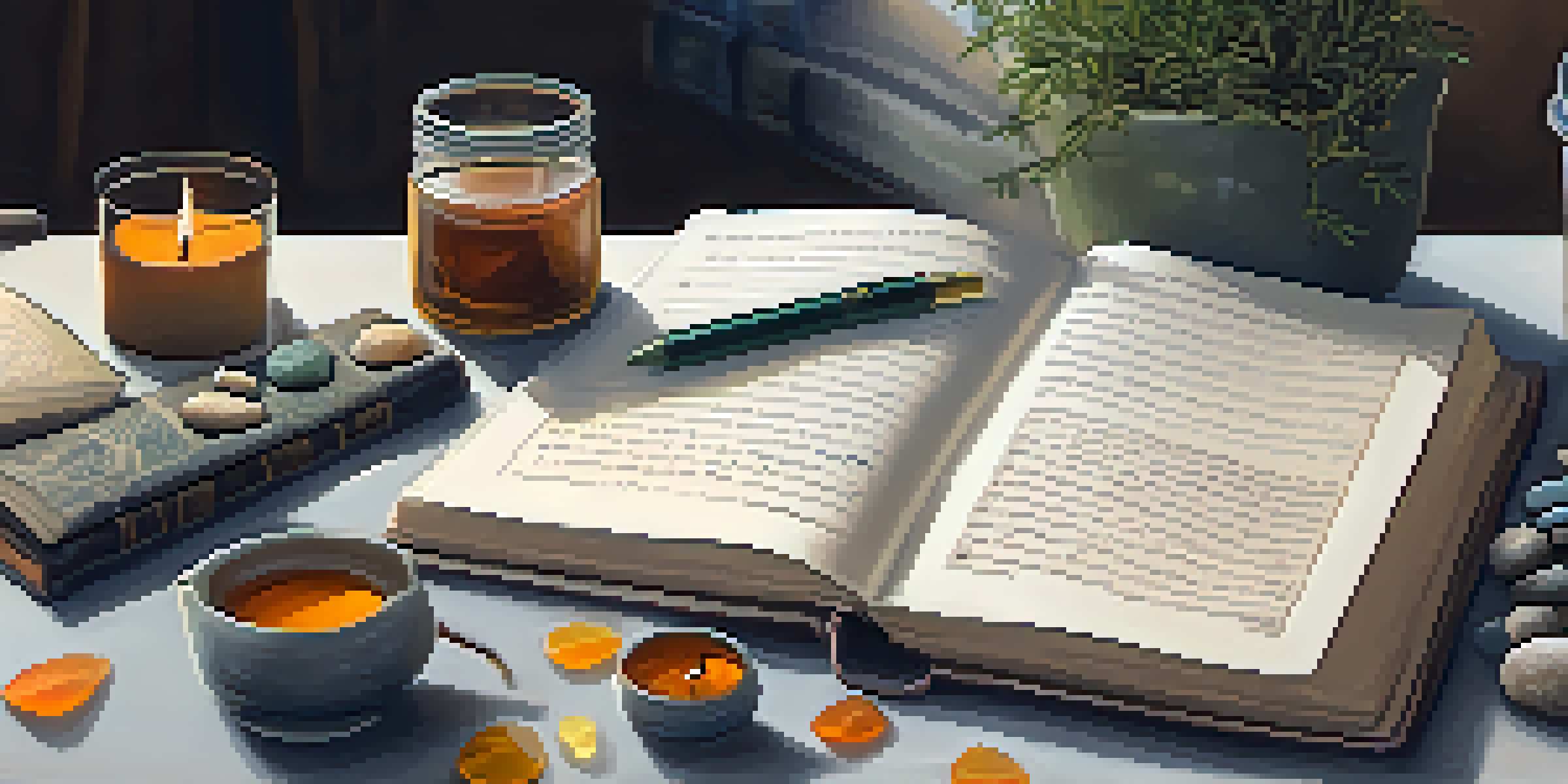 A close-up of a hand writing in a journal, with a cup of herbal tea, a candle, and stones for mindfulness in the background.