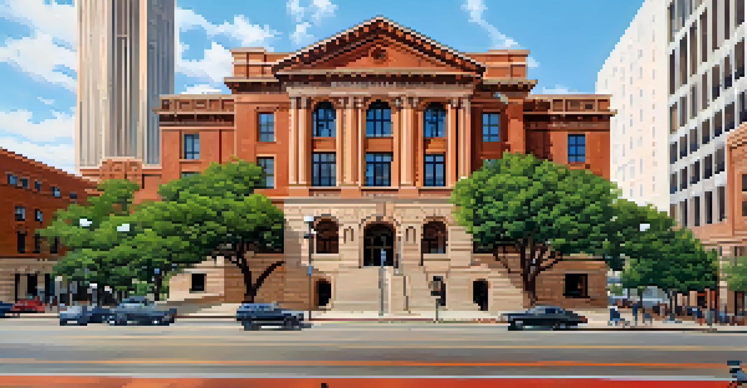 The Travis County Courthouse with a clock tower and red sandstone exterior, set against a lively downtown Austin scene.