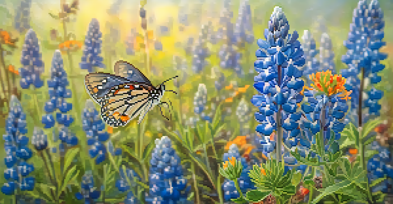 A detailed close-up of a Texas Bluebonnet with a butterfly, surrounded by colorful native wildflowers in a soft-focused background.