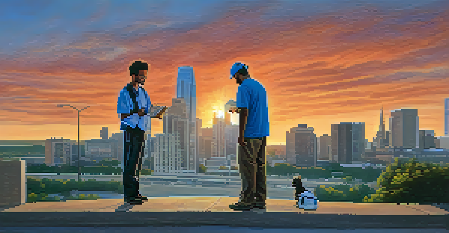 A compassionate interaction between a crisis intervention professional and an individual in distress against the backdrop of the Austin skyline at sunset.