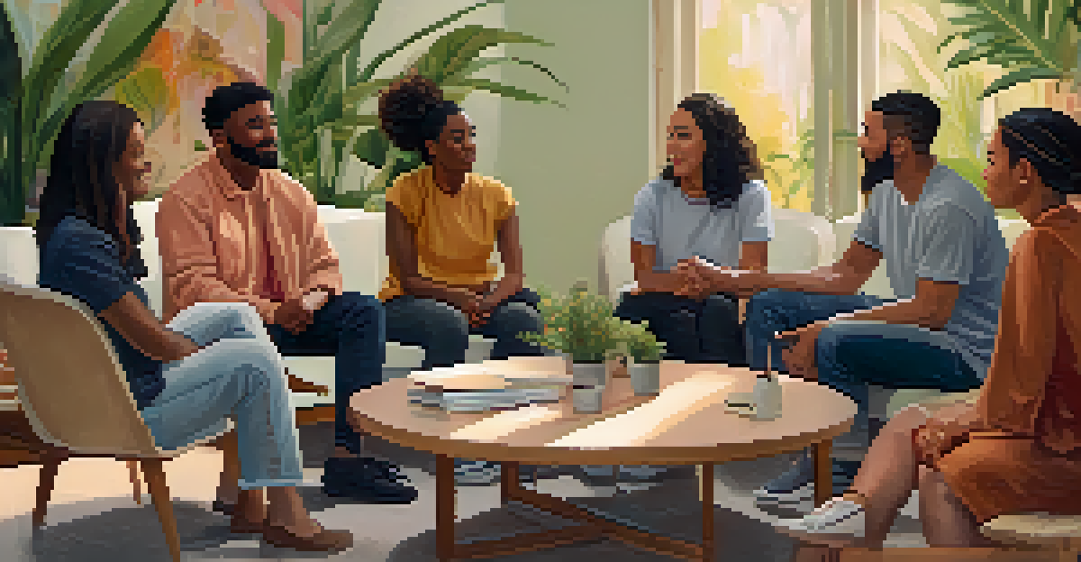 A group of diverse individuals participating in a supportive group therapy session.