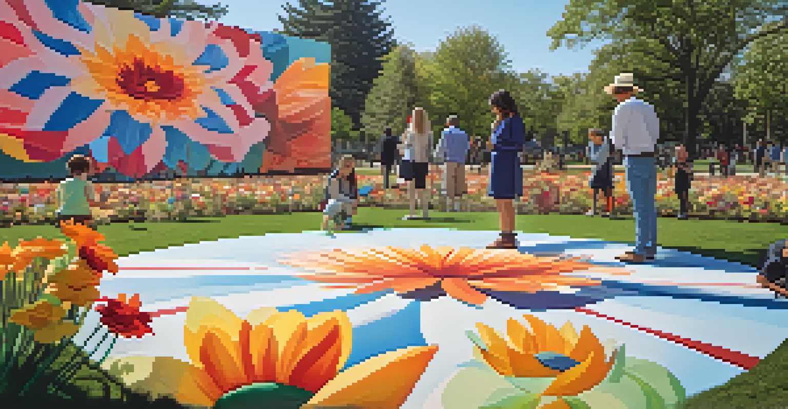 Visitors engaging with an oversized flower installation in a park under a clear blue sky.