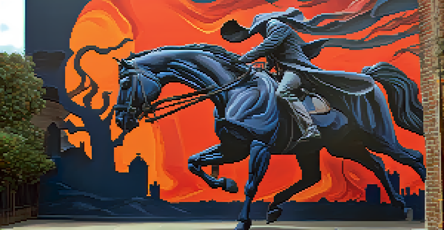 A colorful mural of the Headless Horseman in Austin's historic district, featuring Halloween themes and local landmarks.