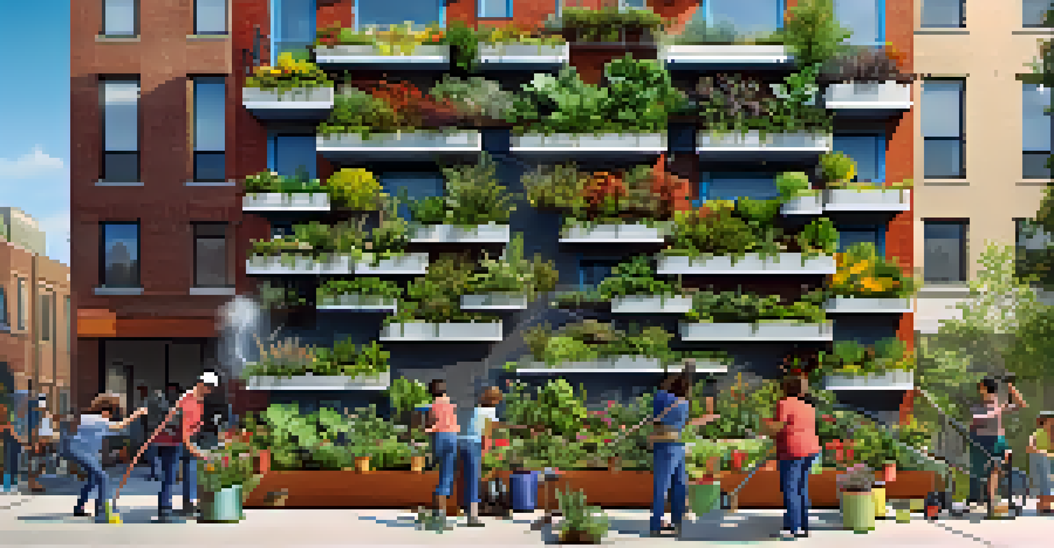 Residents of diverse backgrounds working together on a vertical garden project in an urban area, surrounded by colorful plants.