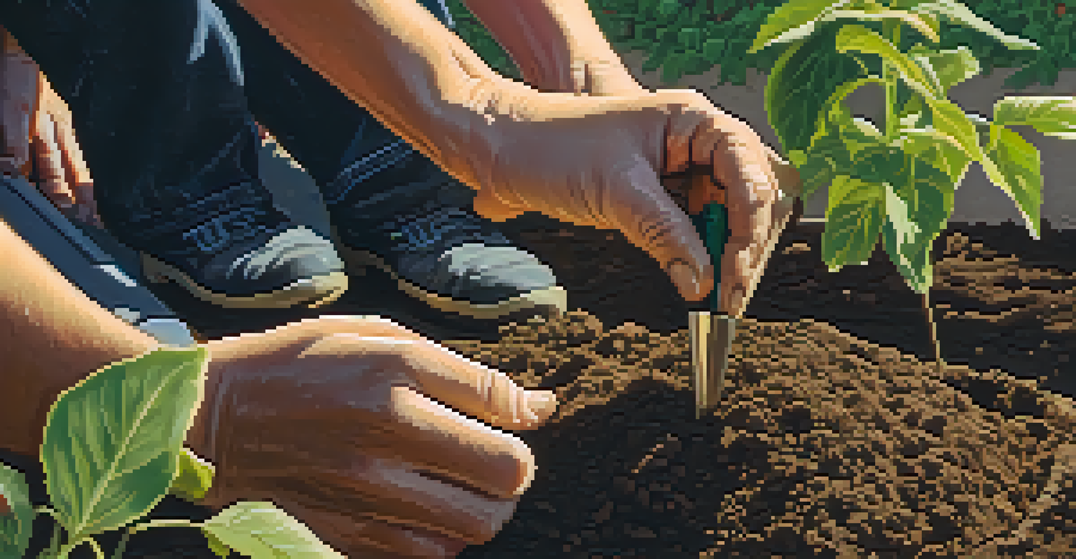 A close-up of hands planting a young tree in a community garden, with soil and gardening tools, illuminated by warm sunlight.