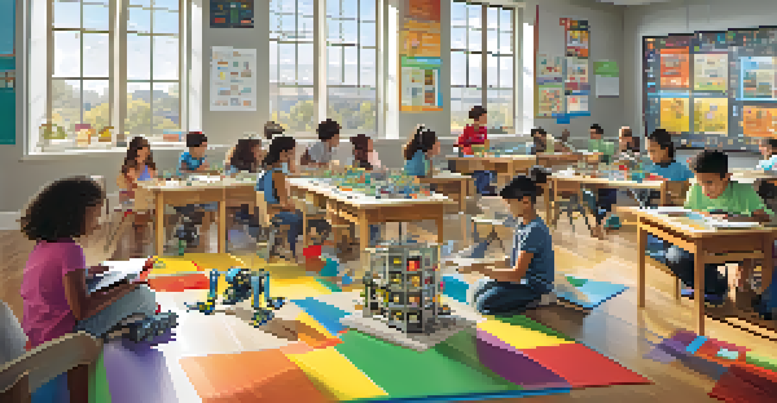 A lively classroom where diverse children collaborate on a robotics project, with colorful materials and bright educational posters.