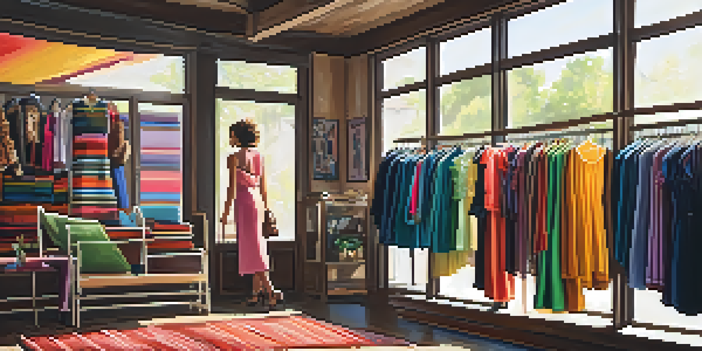 A cozy vintage clothing shop with colorful racks of retro clothing and warm lighting.