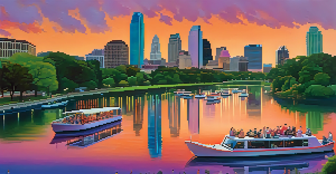 A beautiful sunset over the Austin skyline with modern buildings and historic architecture, reflecting on Lady Bird Lake.