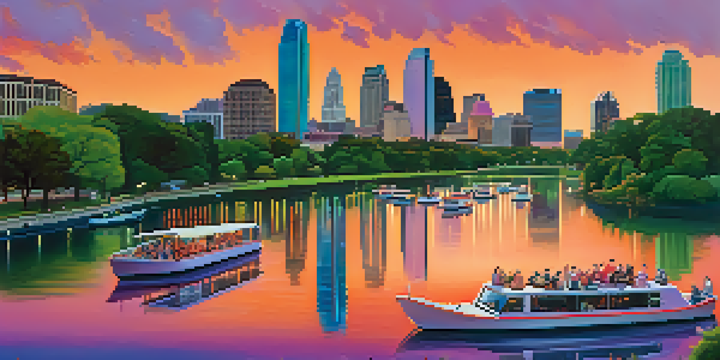 A beautiful sunset over the Austin skyline with modern buildings and historic architecture, reflecting on Lady Bird Lake.