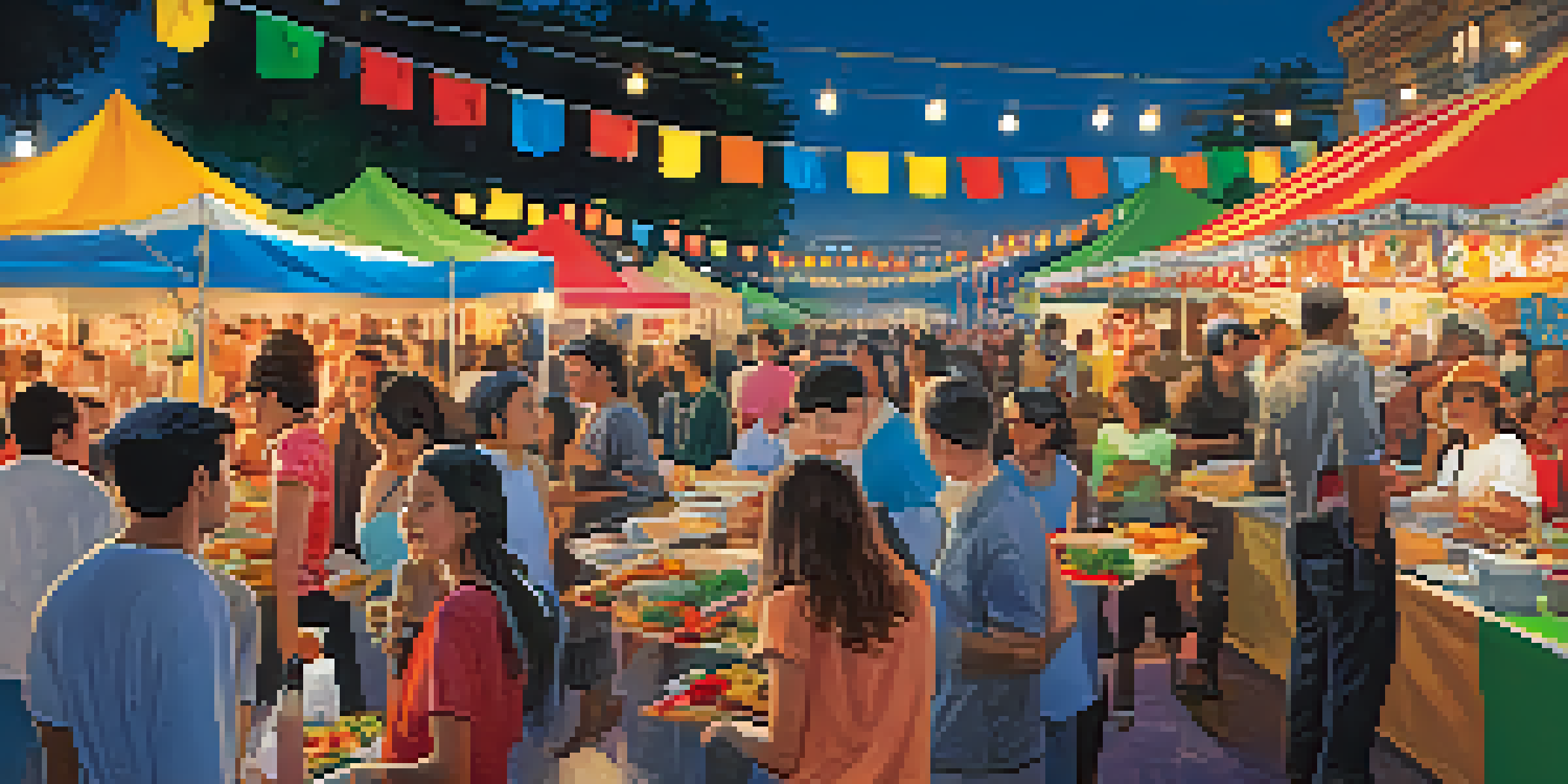 A lively festival scene in Austin with diverse food stalls and performances, showcasing international cultures.