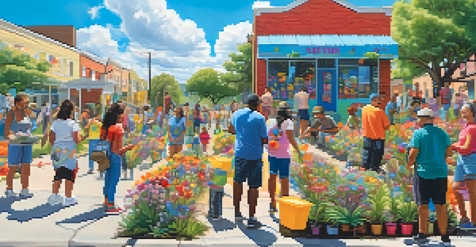 Residents of Austin participating in a neighborhood project, planting flowers and painting a mural.