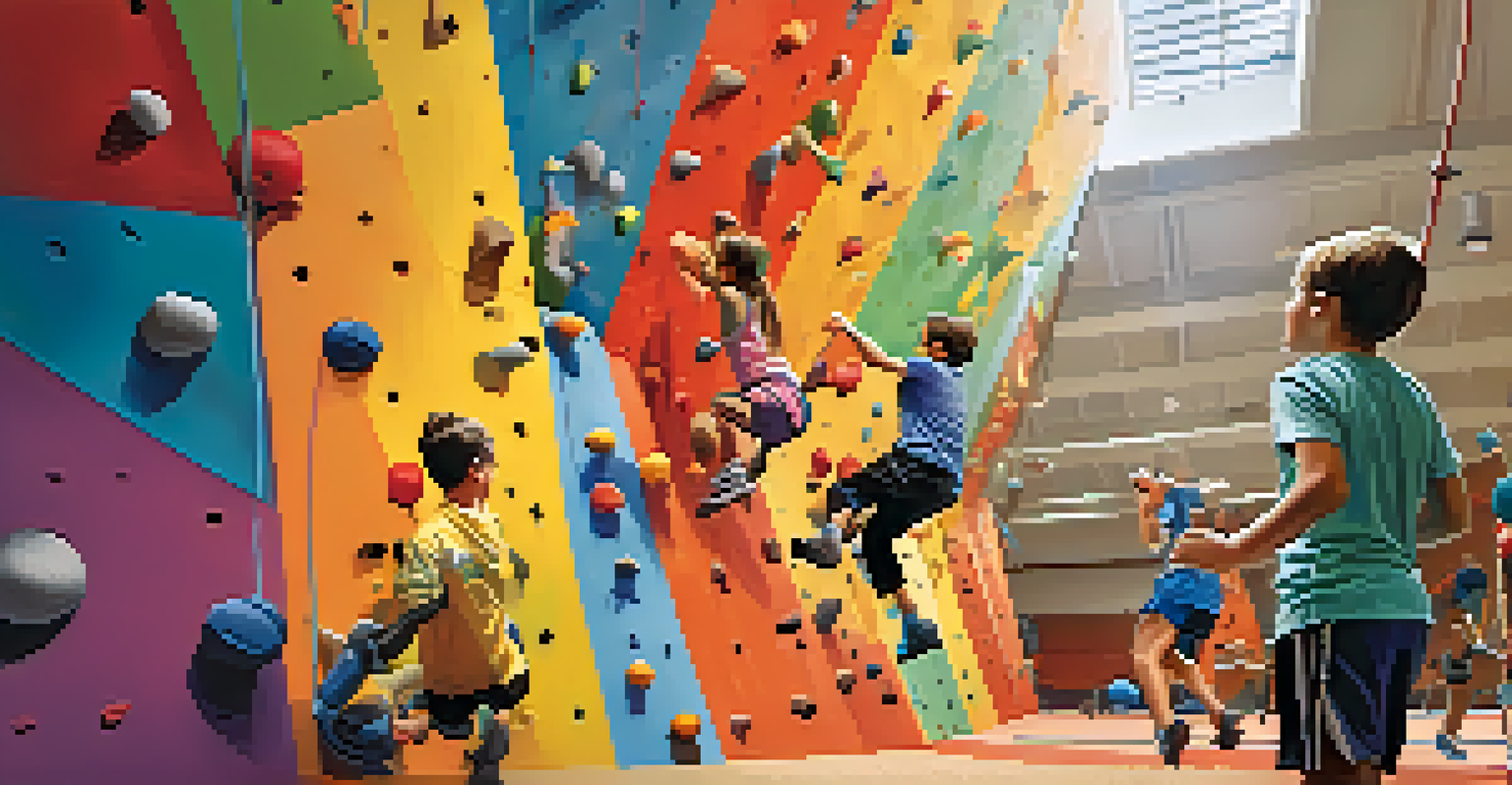 Children climbing at an indoor sports camp, with bright climbing walls and a supportive environment.