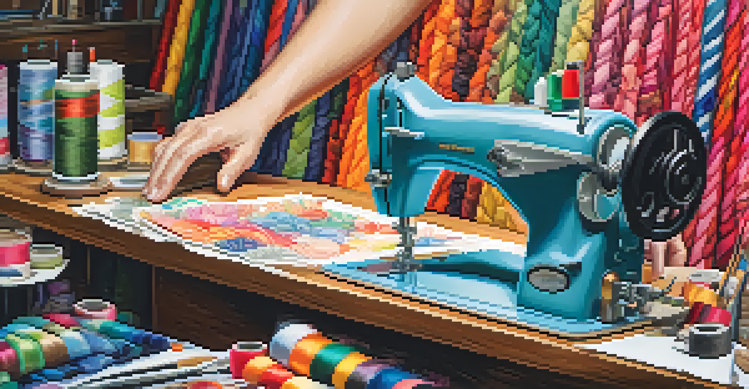 A designer's hands at a sewing machine, with colorful fabrics and sketches surrounding the workspace.