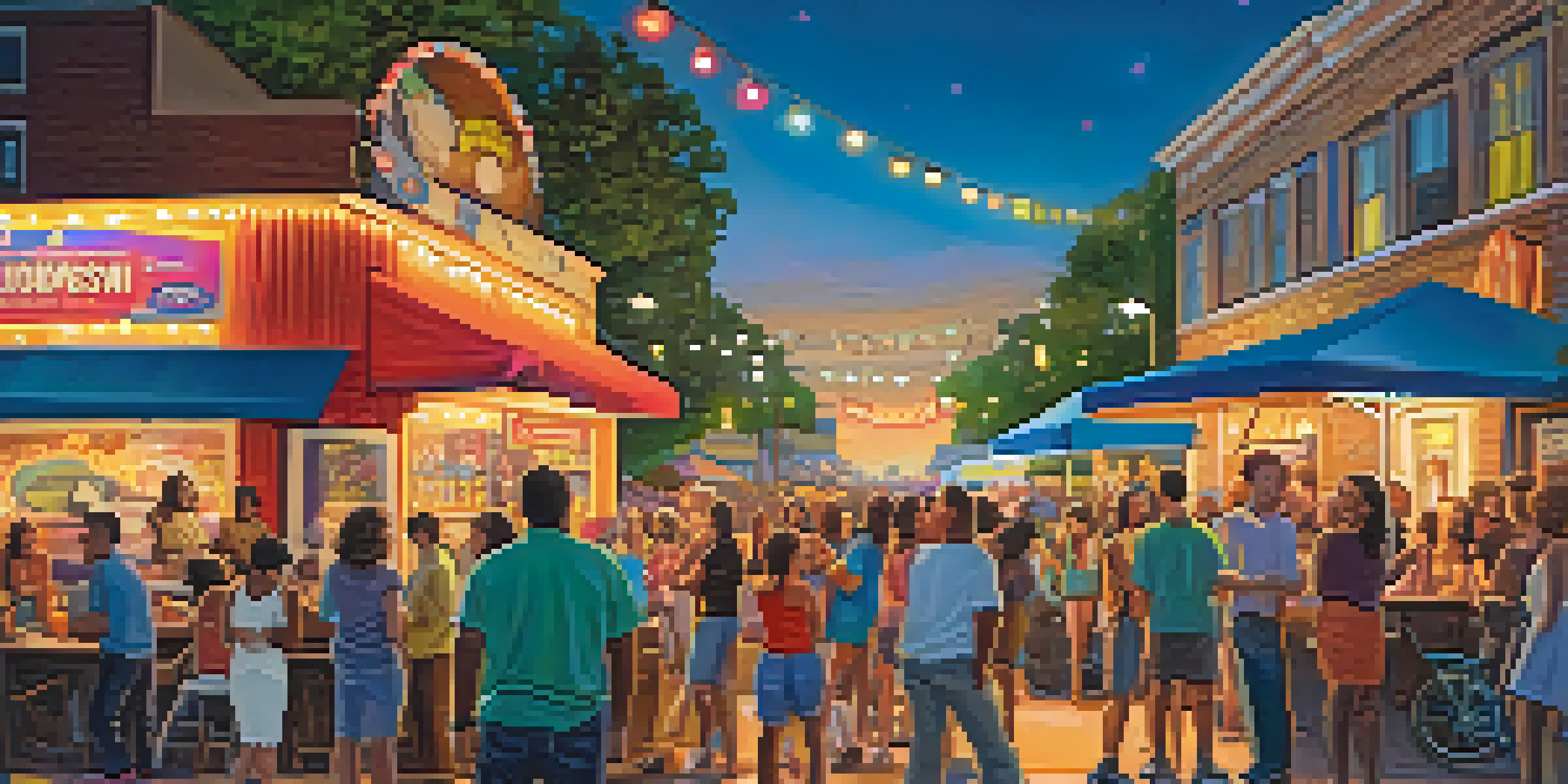 A lively outdoor comedy event in Austin, with a diverse crowd enjoying the show, food trucks in the background, and a sunset sky.