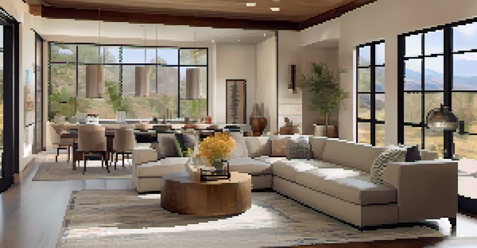 Interior of a modern home with adobe walls, large windows, and contemporary furnishings in a warm and inviting atmosphere.