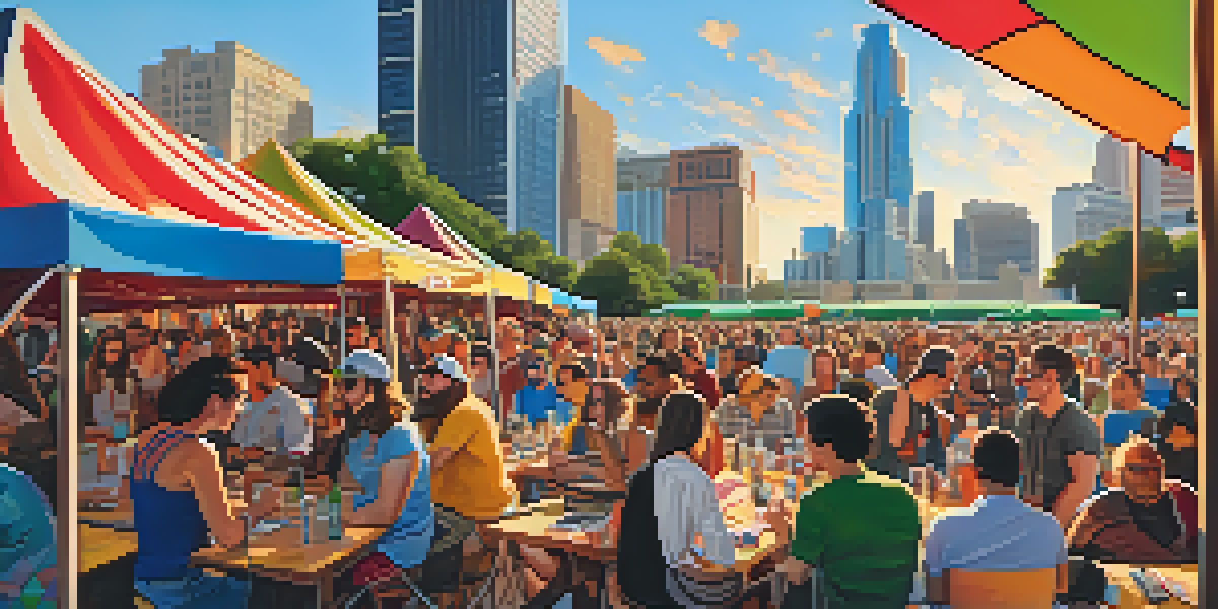 A lively podcast festival in Austin, showcasing colorful booths and diverse people engaged in conversations against the backdrop of the Austin skyline.