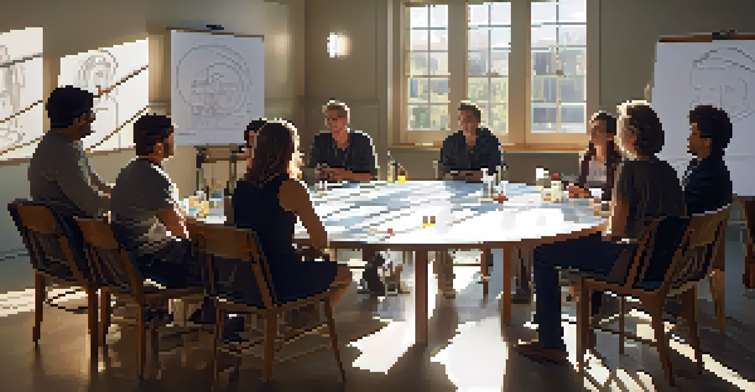 A workshop for filmmakers with a diverse group discussing creative ideas at a round table.