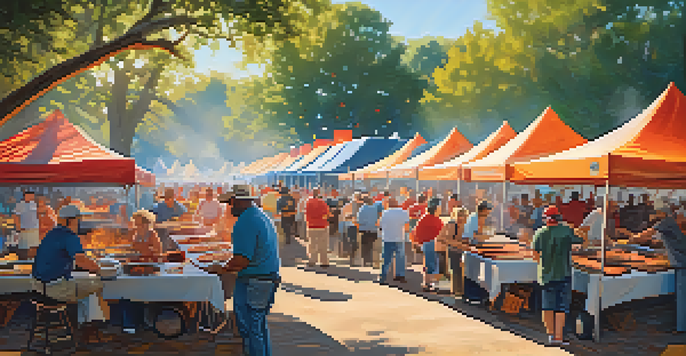 A lively BBQ Cook-off in Austin with grill masters cooking meats, colorful tents, and spectators enjoying the event under sunny skies.