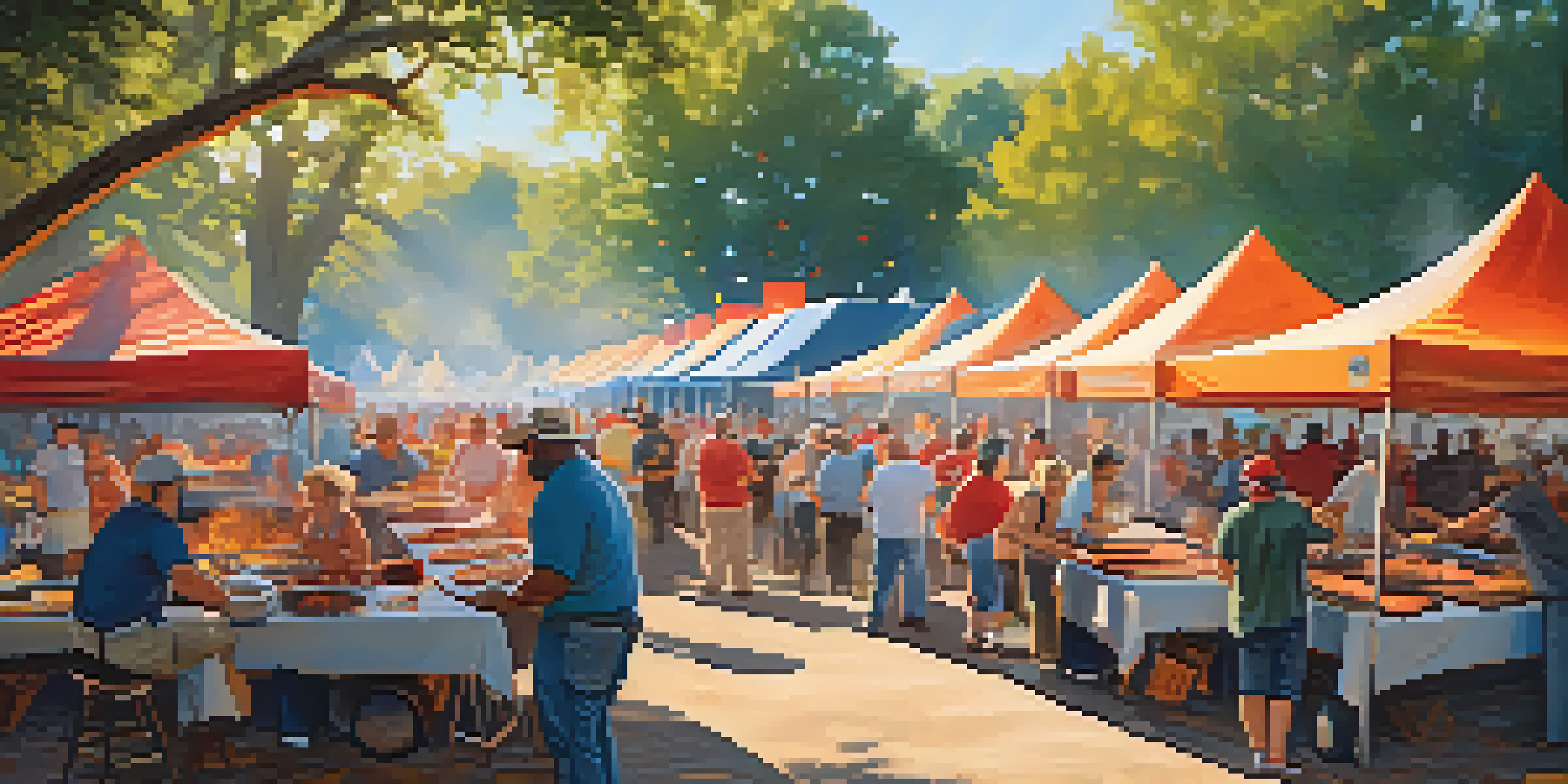 A lively BBQ Cook-off in Austin with grill masters cooking meats, colorful tents, and spectators enjoying the event under sunny skies.