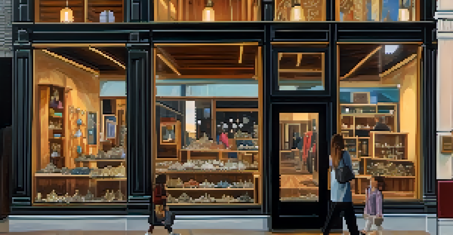 A close-up view of a handcrafted jewelry shop on South Congress Avenue, featuring a warm wooden interior and unique jewelry pieces in the window, with colorful street art reflected outside.