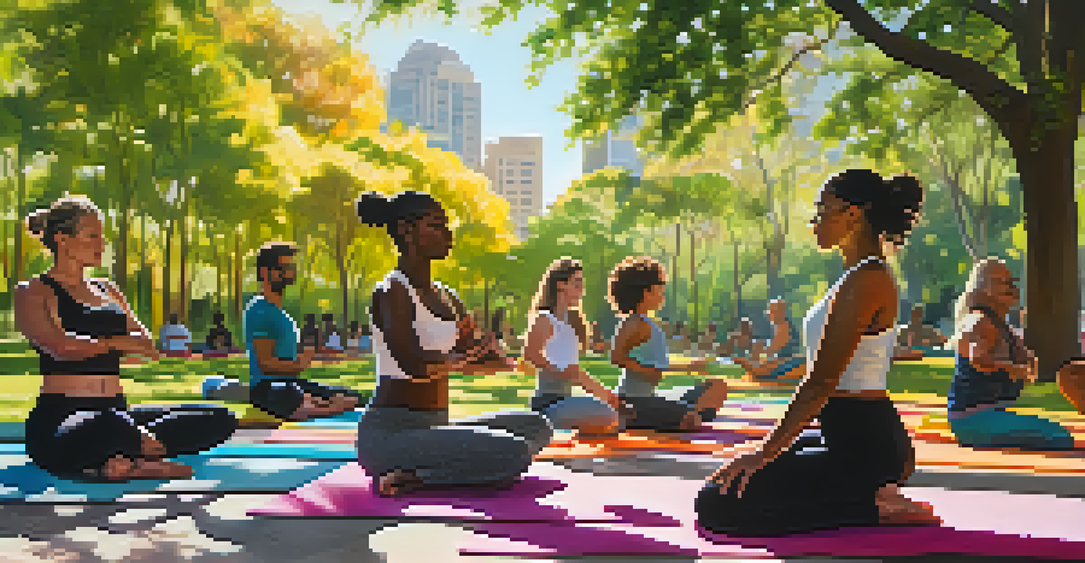 A diverse group practicing yoga outdoors at The Domain, surrounded by modern architecture and landscaped gardens.
