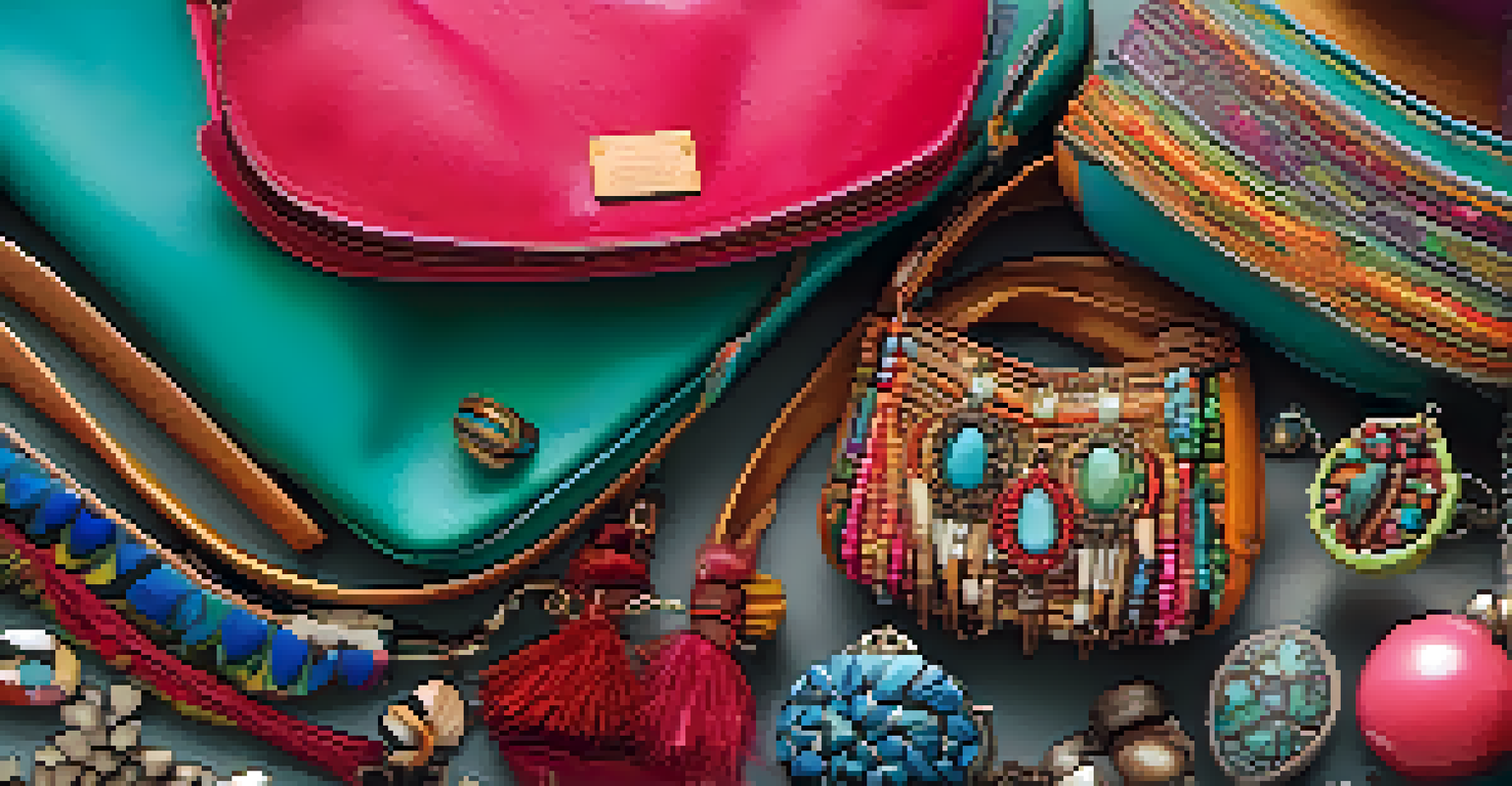A close-up view of unique, handcrafted accessories including jewelry and handbags, showcasing vibrant colors and intricate details.