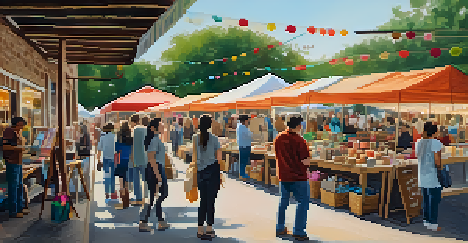 A vibrant market scene at the East Austin Collective, showcasing local vendors and handmade crafts, with people engaging in a warm atmosphere.