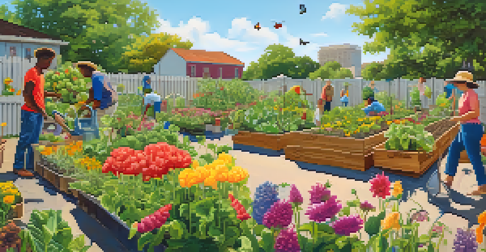A community garden in Austin with people tending to vegetables and flowers under a blue sky.