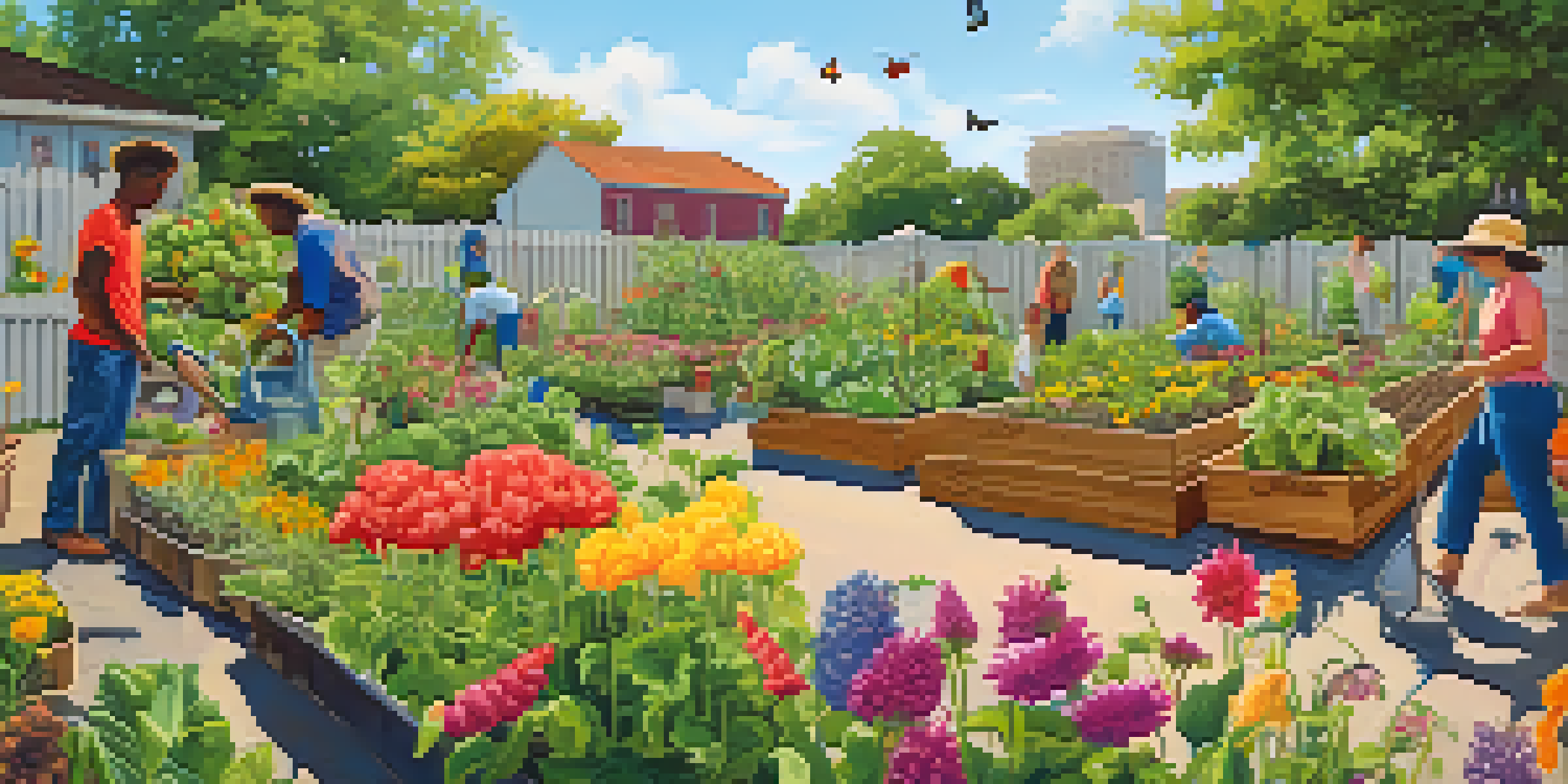 A community garden in Austin with people tending to vegetables and flowers under a blue sky.