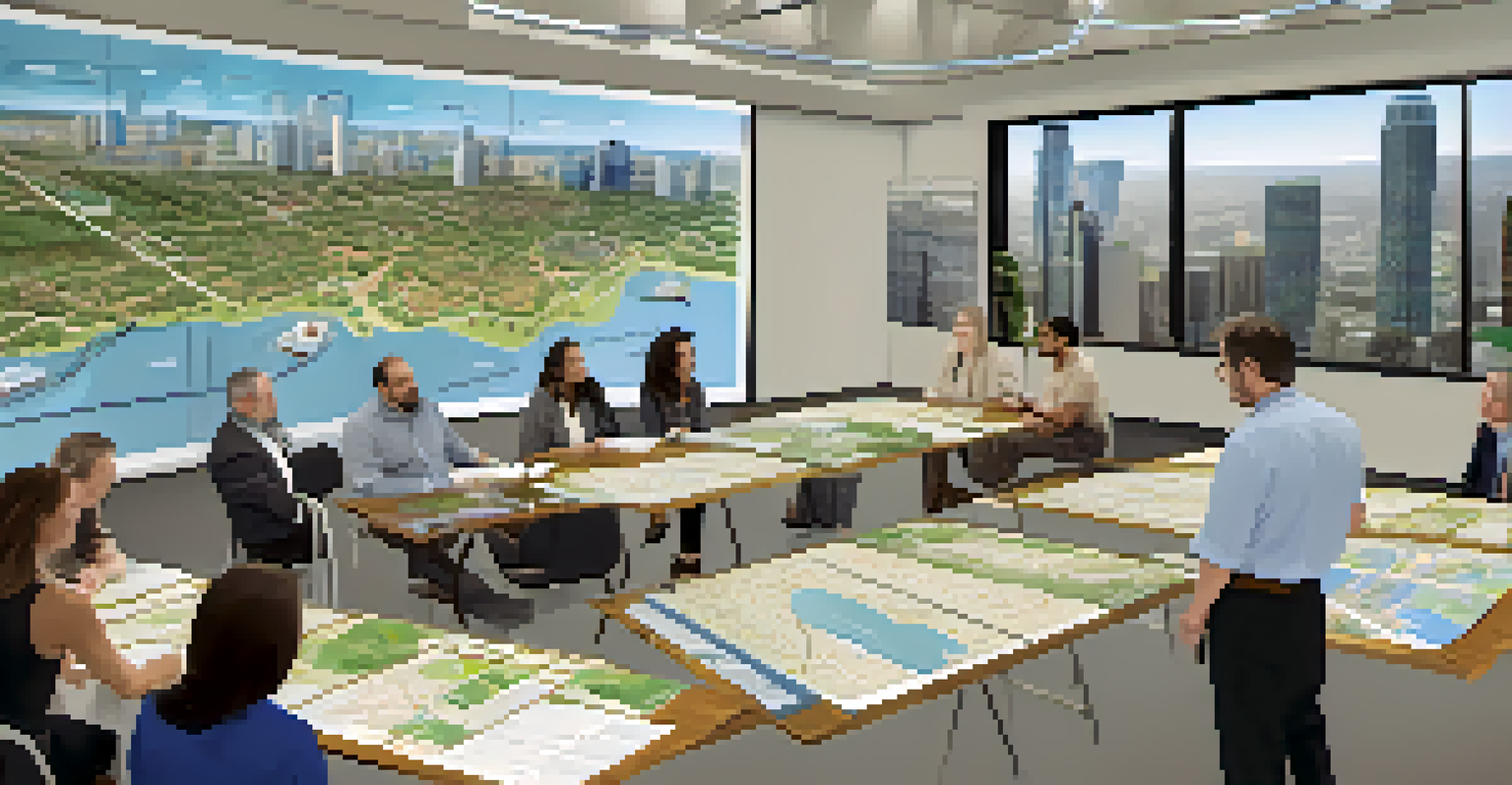 A community meeting in Austin focused on urban planning, with participants discussing sustainable development and climate data displayed on a screen.