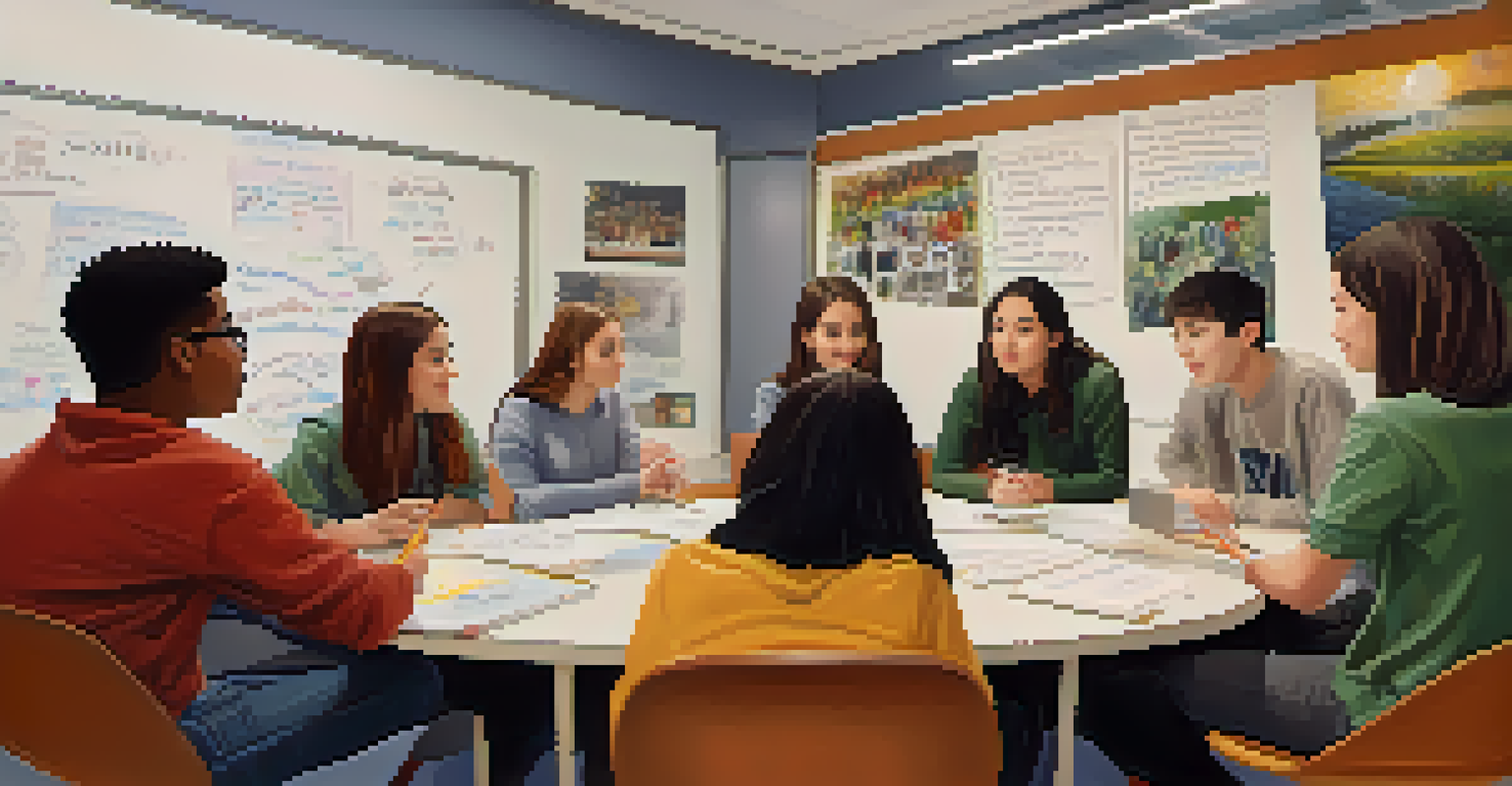 Students in a circle discussing ideas during a meeting, with posters and a whiteboard in the background.