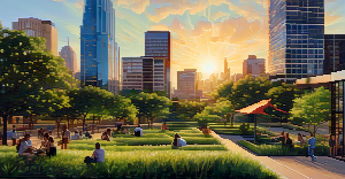 A vibrant skyline of Austin featuring sustainable buildings with solar panels and green roofs, surrounded by parks and people enjoying the outdoors during sunset.