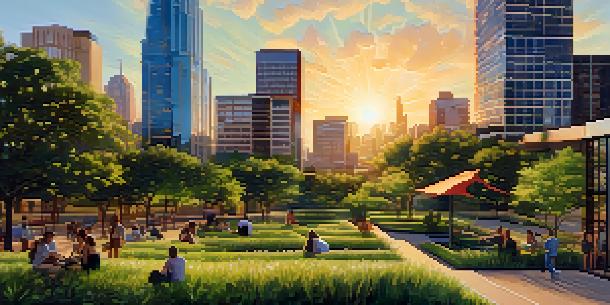 A vibrant skyline of Austin featuring sustainable buildings with solar panels and green roofs, surrounded by parks and people enjoying the outdoors during sunset.