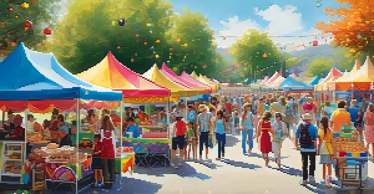 A lively outdoor dessert festival with colorful tents, people sampling desserts, and seasonal decorations.