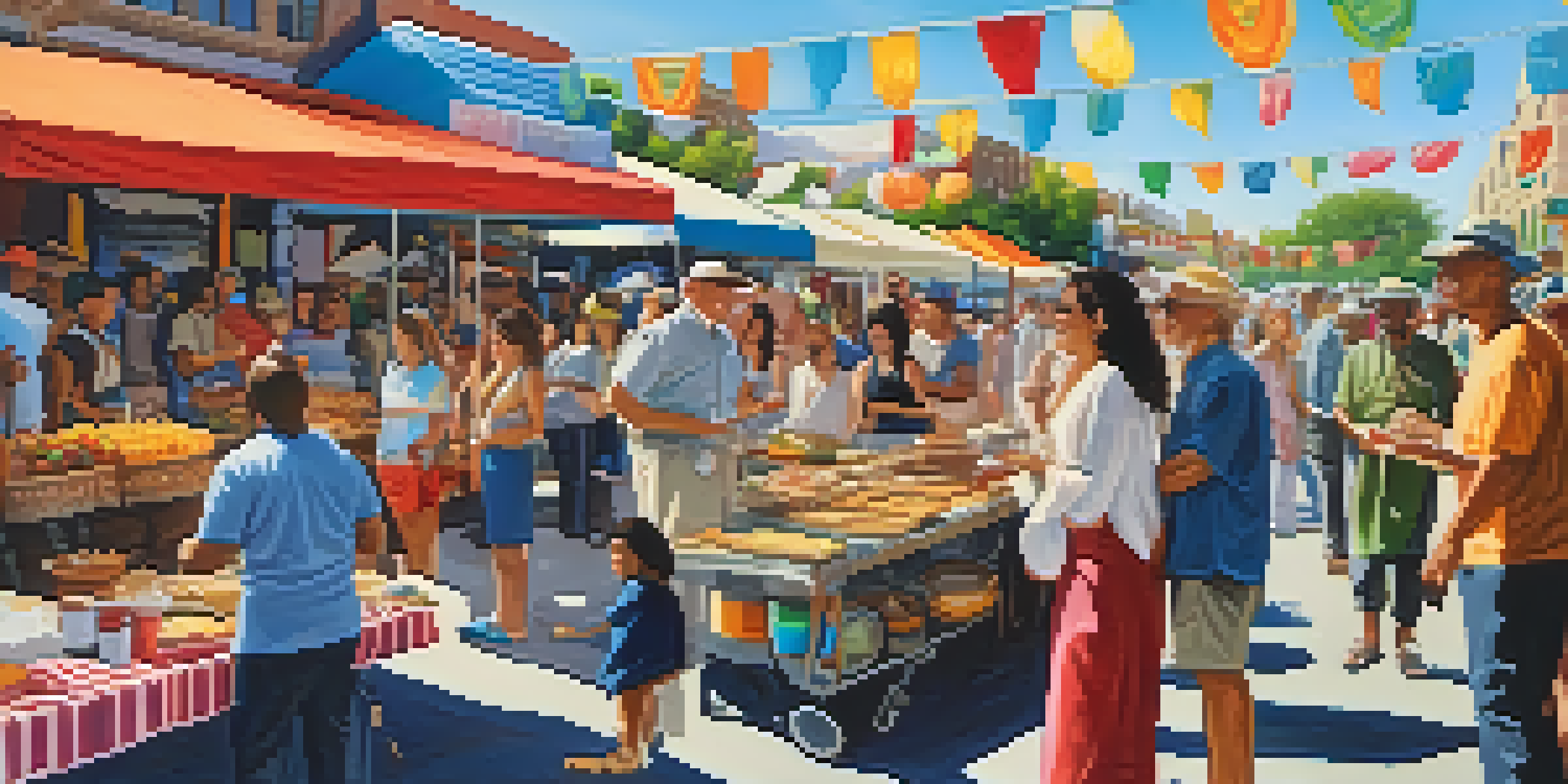 A lively street festival in Austin with people of different backgrounds enjoying food, music, and colorful decorations under a clear blue sky.