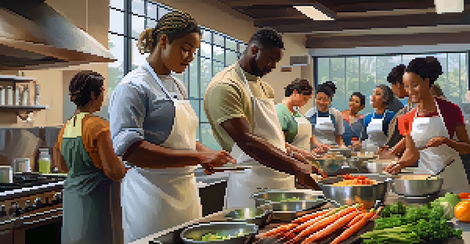 A cooking workshop with amateur cooks learning from a professional chef in a vibrant kitchen environment.