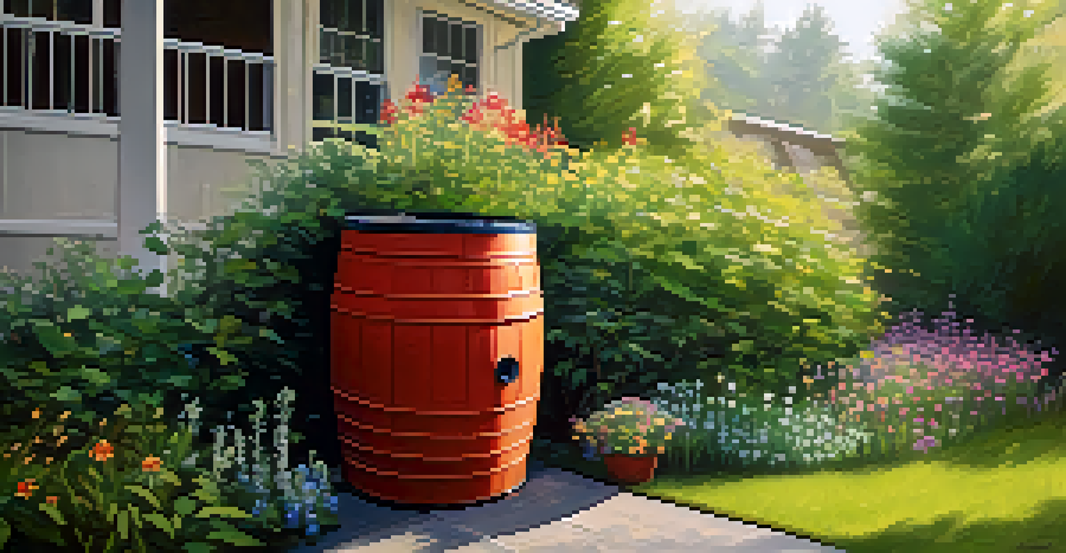 A rain barrel collecting rainwater in a lush backyard with blooming flowers.