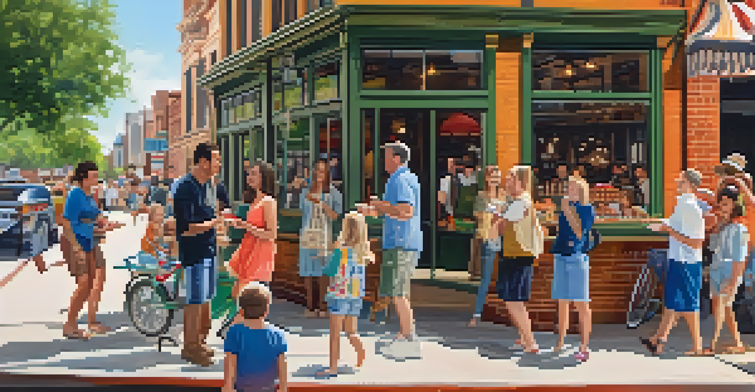 A family enjoying a culinary tour in downtown Austin, sampling local delicacies in front of a historic building.