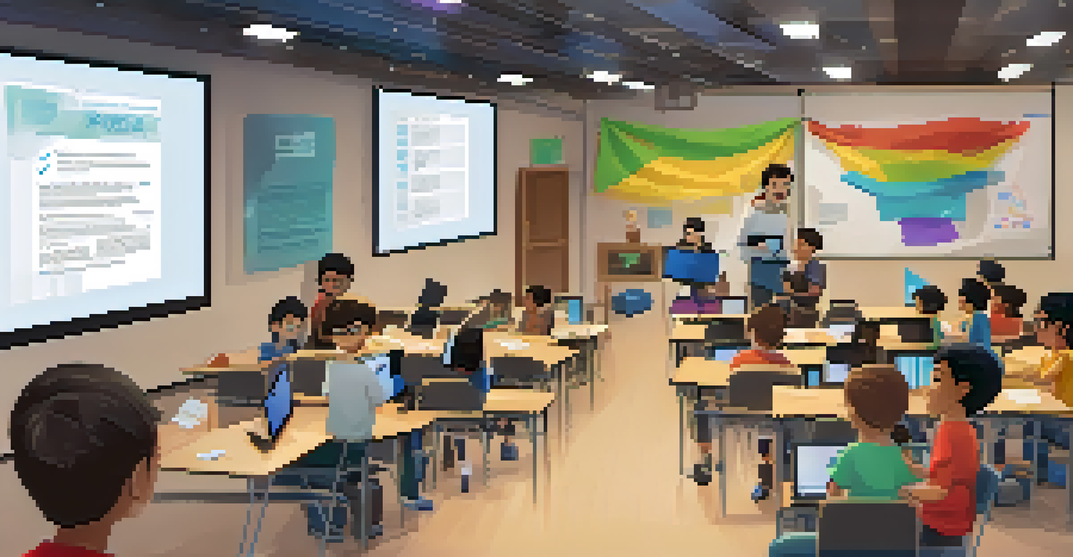 Students presenting their coding projects at a celebration event, with an audience applauding and decorations in the background.
