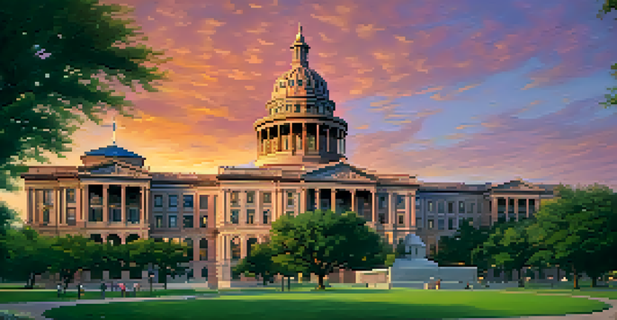 A sunset view of the Texas State Capitol, highlighting its dome and pink granite structure with vibrant sky colors and surrounding gardens.