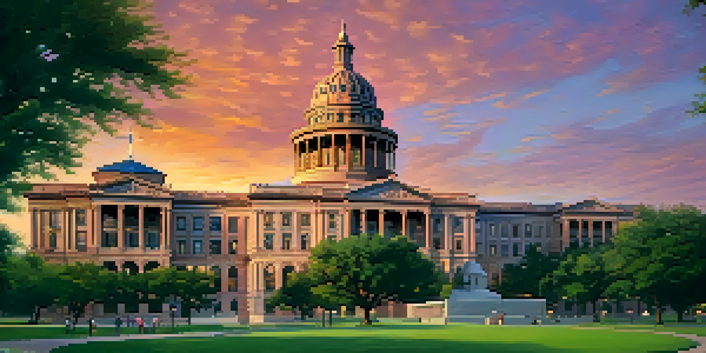 A sunset view of the Texas State Capitol, highlighting its dome and pink granite structure with vibrant sky colors and surrounding gardens.