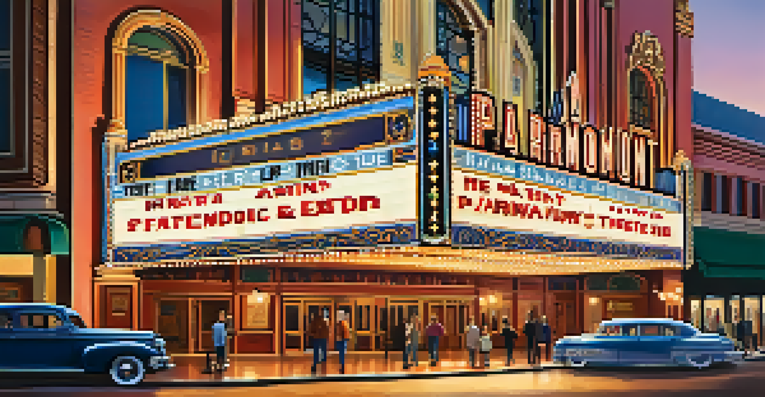 The historic Paramount Theatre in Austin at sunset, showcasing its stunning architecture and families gathering outside.