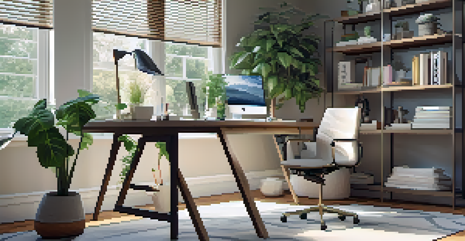 A contemporary home office with a desk, computer, and natural light coming through large windows, decorated with plants and artwork.