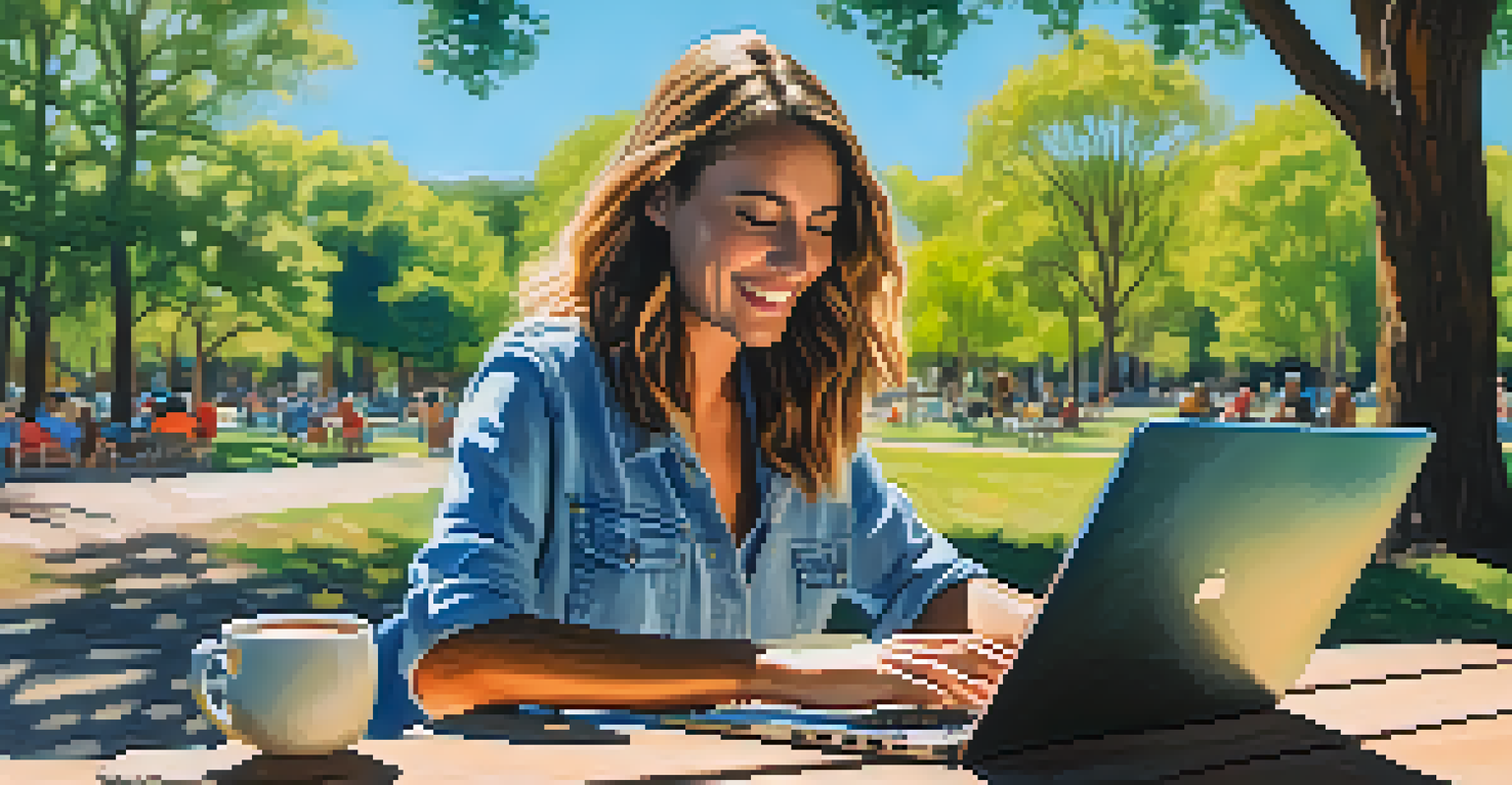 A young woman working on a laptop at a picnic table in a sunny park, surrounded by trees and a blue sky.