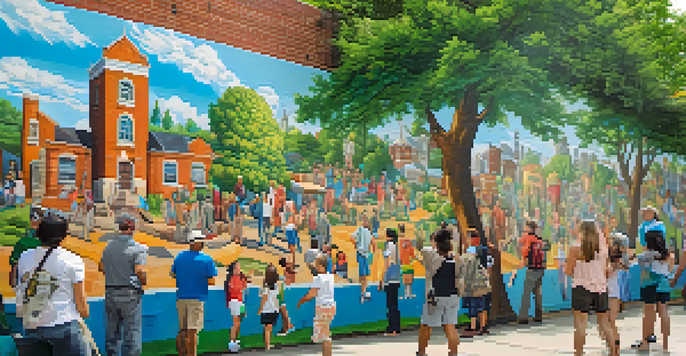 A colorful community mural depicting local history and culture, with diverse individuals and landmarks, surrounded by trees and a blue sky.