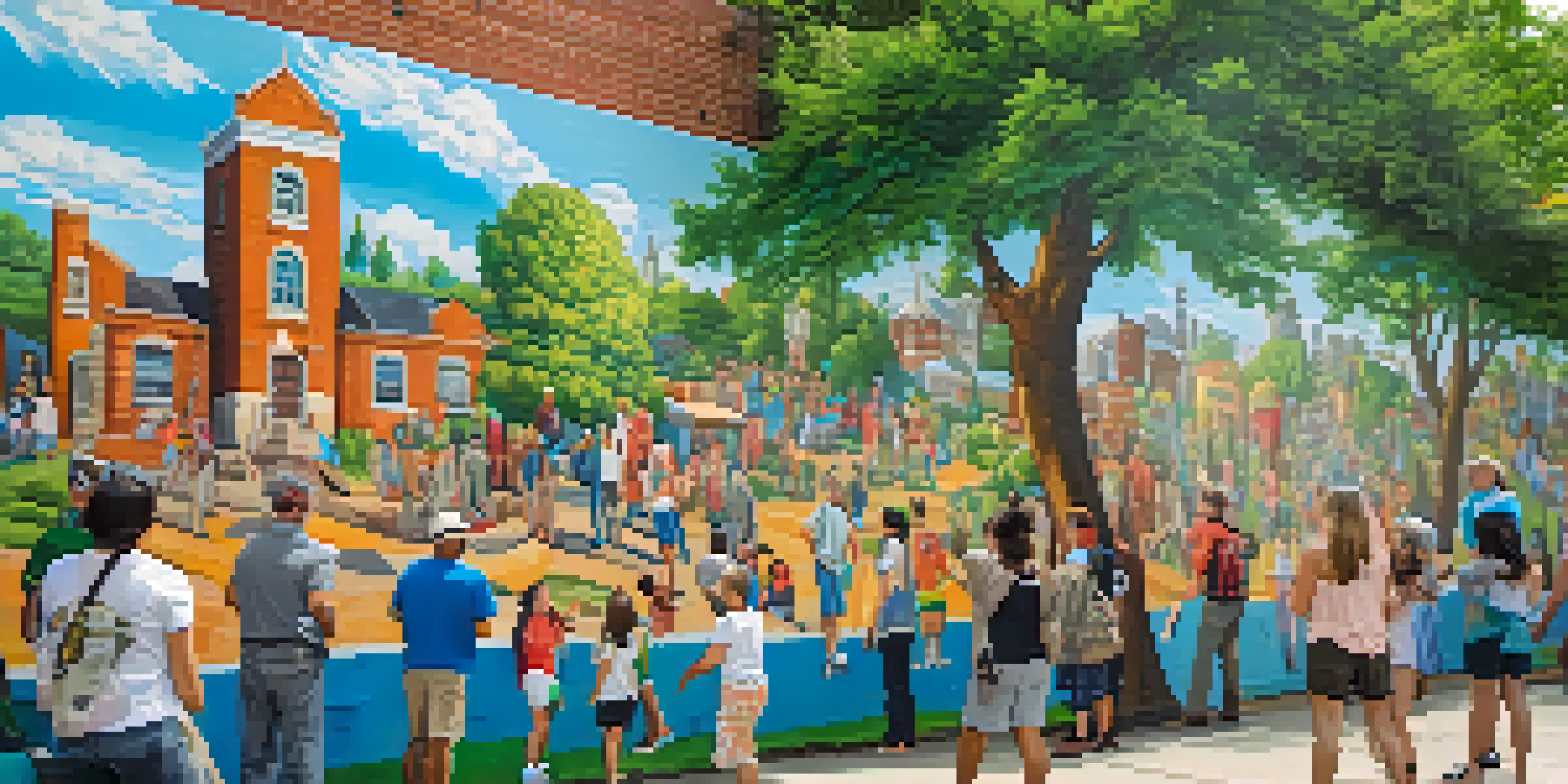 A colorful community mural depicting local history and culture, with diverse individuals and landmarks, surrounded by trees and a blue sky.
